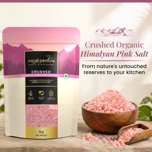 Royal Pavitra Crushed Organic Himalayan Pink Salt 1 kg | Unrefined Hand-Mined Rock Salt | Naturally Contains Trace Minerals | Evenly Crushed Crystals for Cooking & Seasoning
