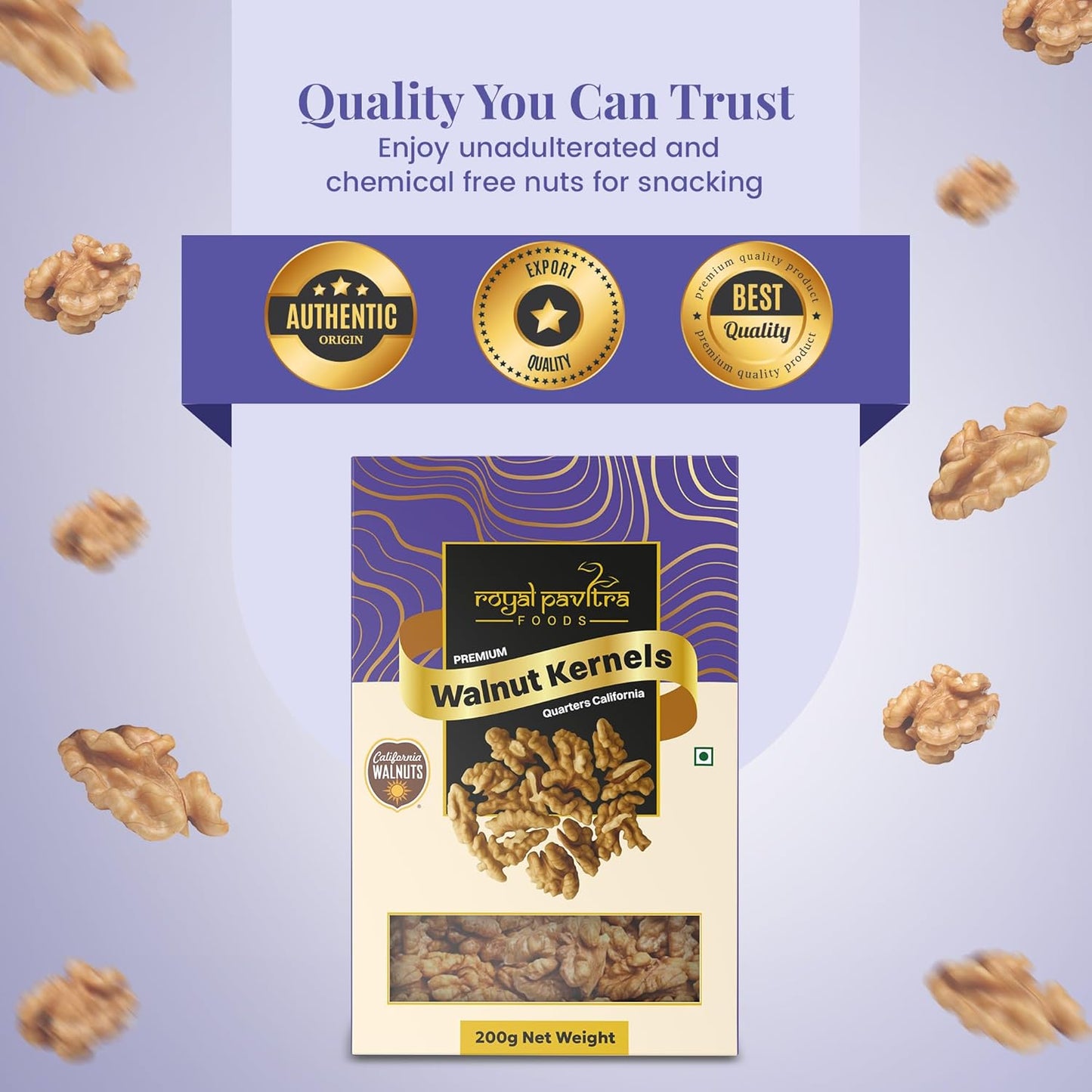Royal Pavitra Premium Walnut Kernels Quarters California - 200g