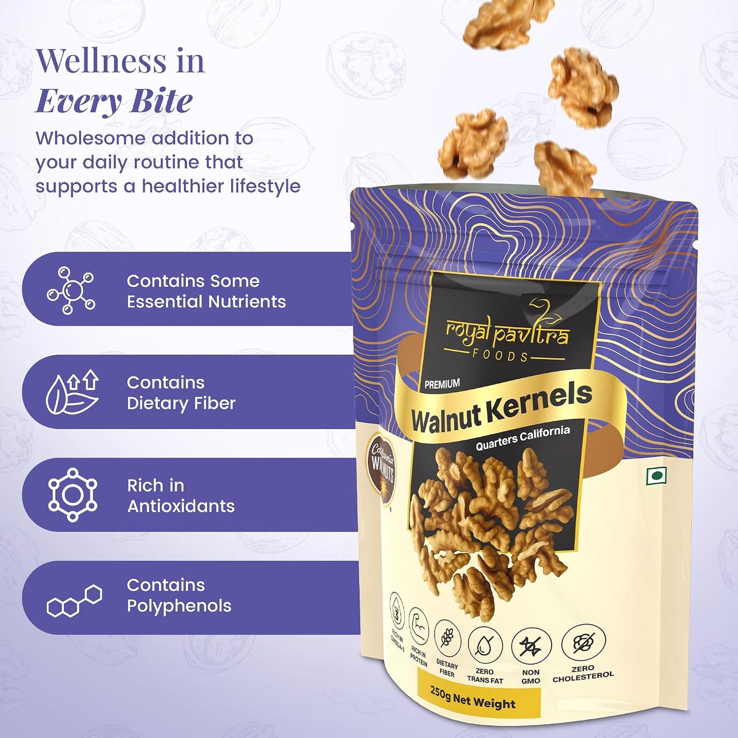 Royal Pavitra Premium Walnut Kernels Quarters California - 250g