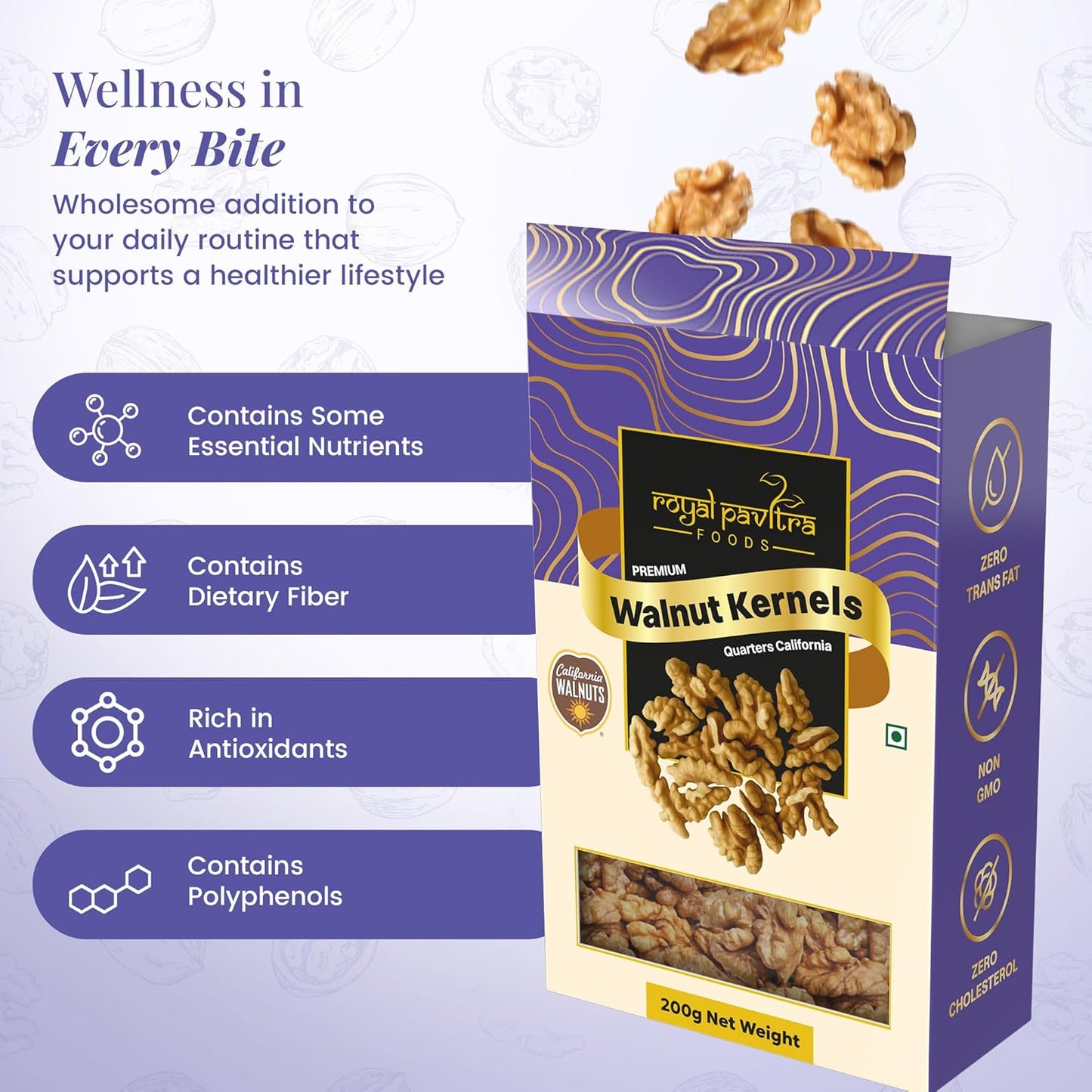 Royal Pavitra Premium Walnut Kernels Quarters California - 200g